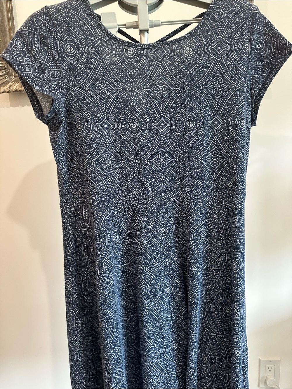 Blue Geometric Cap-Sleeve Fit-and-Flare Dress